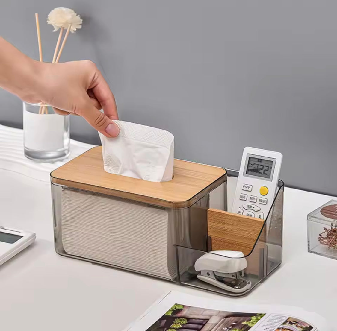Acrylic Tissue Box With Wooden Cover, Tissue Box With Remote Holder, Kitchen Room Napkins Organizer