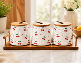 Ceramic Canister Set with Wooden Lid And Tray, Vintage Cherry Dot Canister Set, Ceramic Cherry Canister with Bamboo Lid