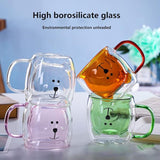 Adorable Bear Face Glass Coffee Mug, Double Wall Bear Buddy Glass Cup, Cute Bear Thermal Glass Mug