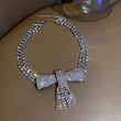 Shiny Crystal Bowknot Necklace, Long Tassel Rhinestone Necklaces, Luxurious Bowknot Pendant Necklace, Sparking Crystal Pave Bowknot Pendant, 3D Bowknot Pendant Necklace Jewellery