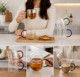 4pcs Elegant Colorful Handle Coffee Mug Set, Transparent Glass Mugs, Double Wall Clear Glass Drinkware Set