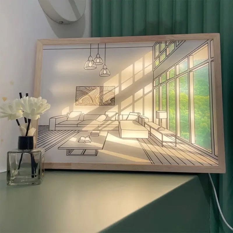Sunshine Art Painting Frame, LED Shadow Painting Frame, Creative Tabletop Decor Photo Frame, light painting painting Light and Shadow Glowing Frame, Creative Artistic Shadow Painting, 3 Color Luminous Wall Art Decoration, Wooden Light Hollow Photo Frame
