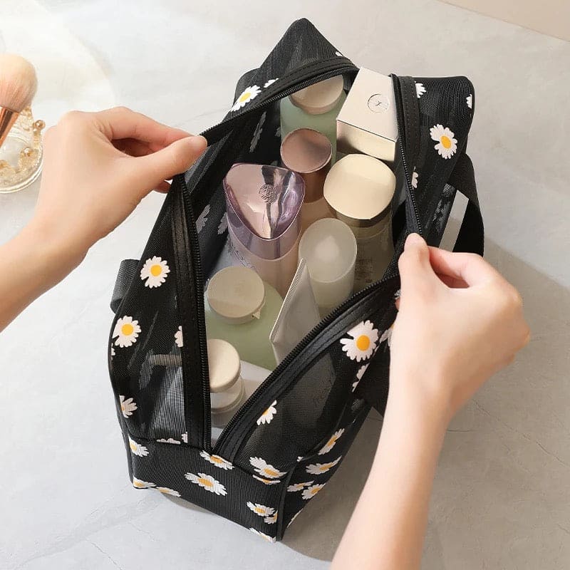 Set Of 2 Daisy Mesh Makeup Bag, Large Capacity Portable Travel Wash Bag, Cute Daisy Pattern Women Zipper Make Up Case, Multipurpose Hot Spring Mesh Bag, Wardrobe Suitcase Pouch