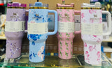 Stainless Steel Flower Design Tumbler With Lid, Vacuum Insulated Car Mug, Thermal Iced Bottle