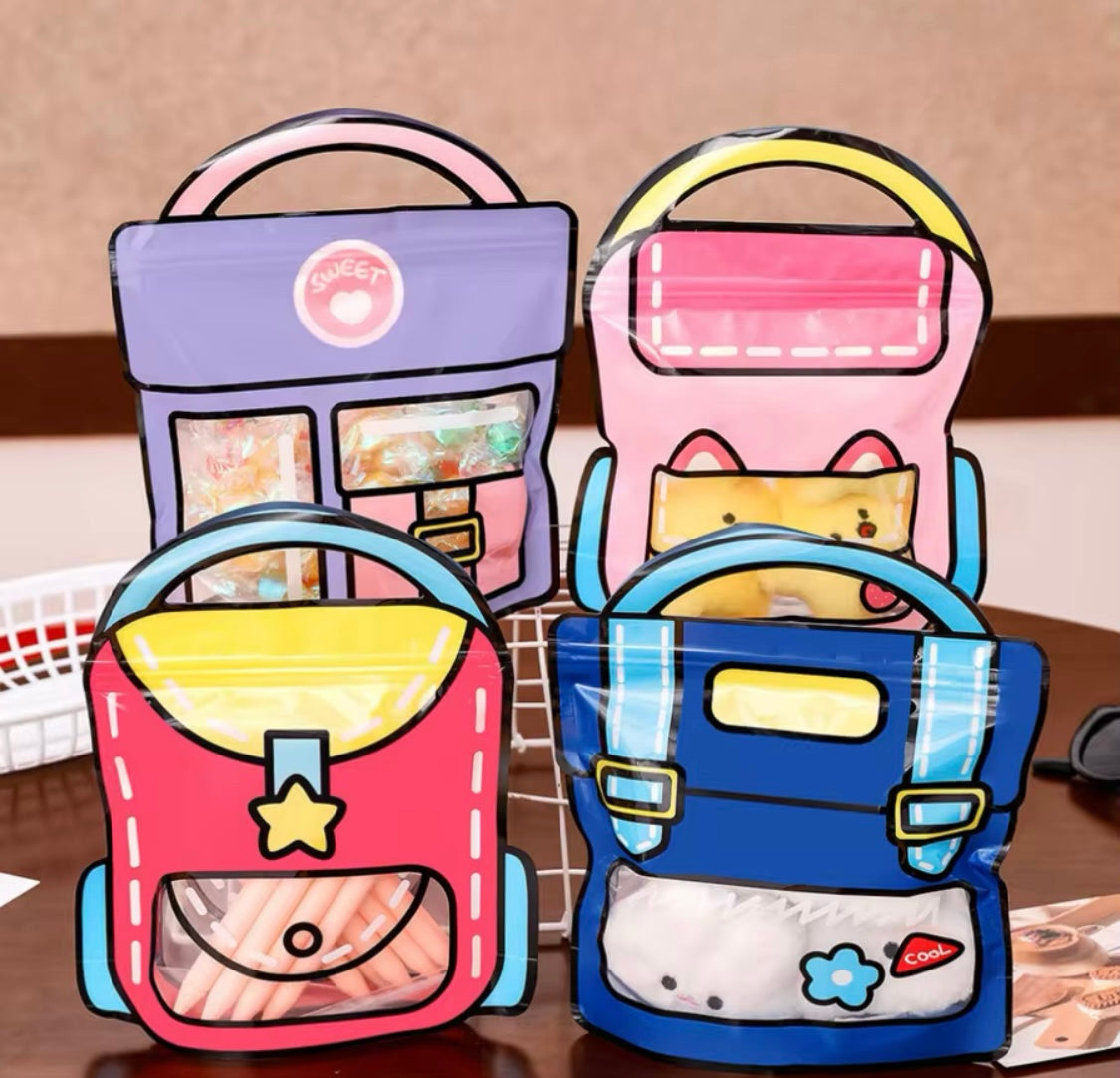 Set Of 4 Zip Lock Bag, Kids School Bag Shape Packing Bag, Cartoon Candy Cookie Bag