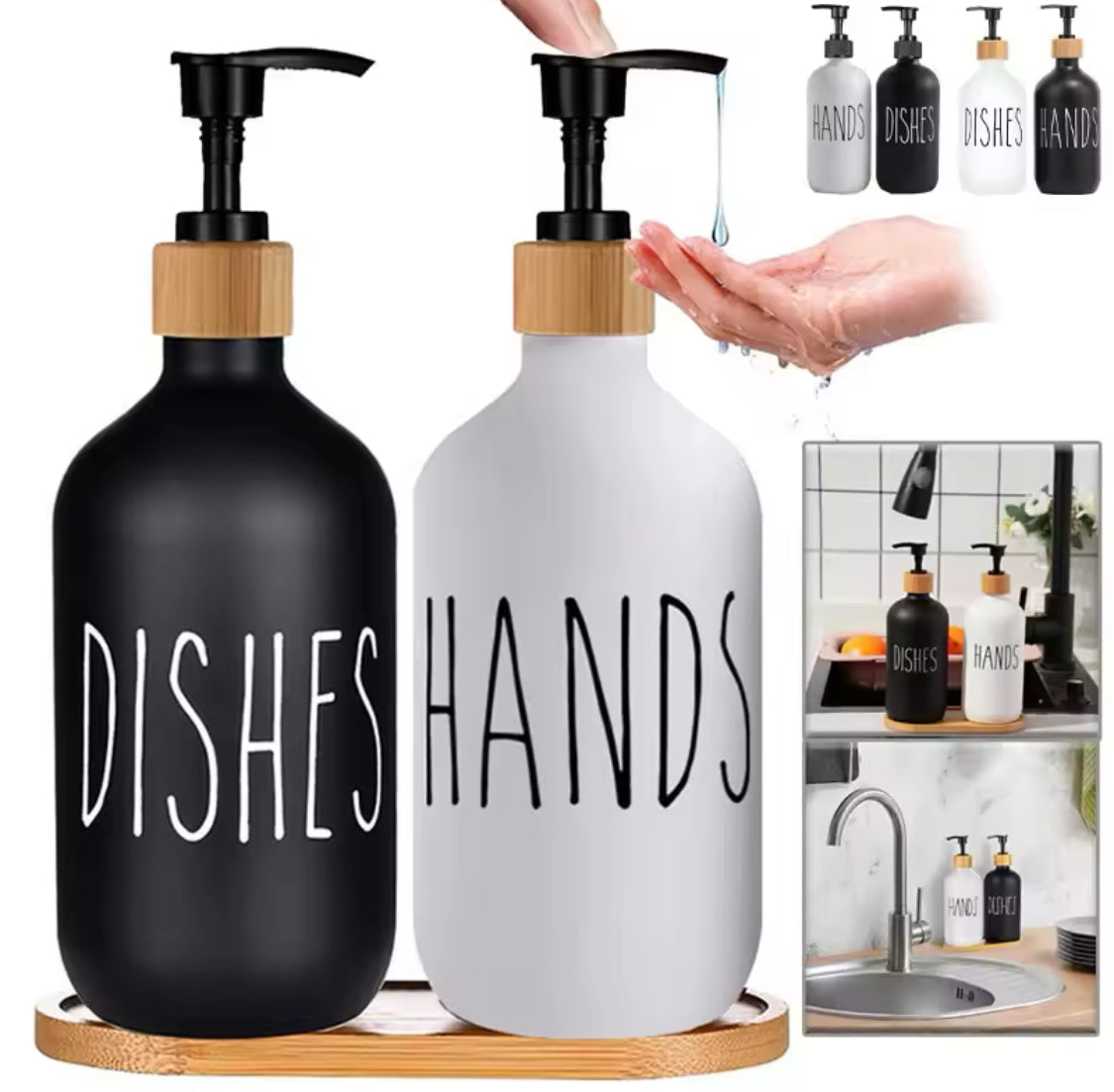 2pcs Bathroom Hand Soap Dispenser With Bamboo Tray, Kitchen Dish Soap Dispenser, Empty Facial Cleanser Refillable Bottle, Hand Sanitizer Press Subpack Bottle