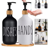 2pcs Bathroom Hand Soap Dispenser With Bamboo Tray, Kitchen Dish Soap Dispenser, Empty Facial Cleanser Refillable Bottle, Hand Sanitizer Press Subpack Bottle