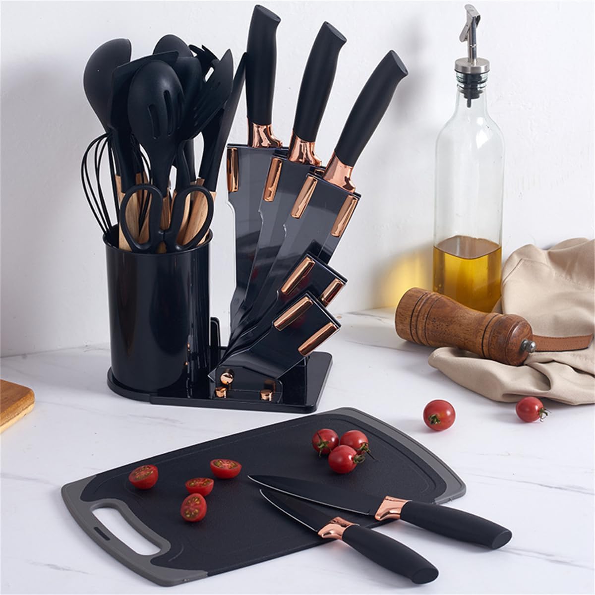 Set Of 20 Silicone Kitchen Utensil With Chopping Board, Cooking Spoon Knife & Fork Set, Wooden Handle Cooking Tool Set