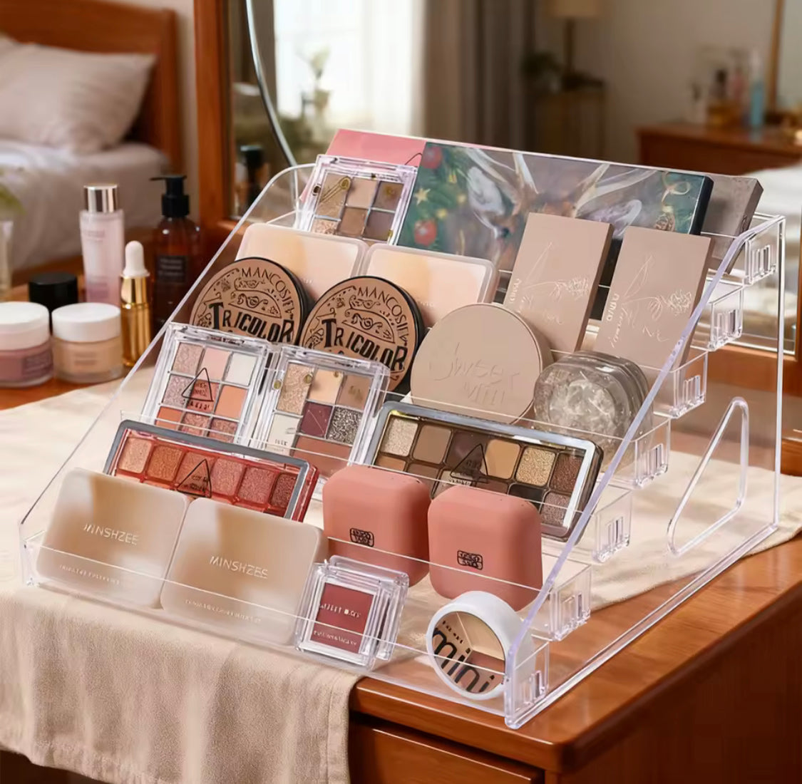 Multi Layer Acrylic Cosmetics Display Shelf, Portable Desktop Organizer, Transparent Cosmetics Storage Rack