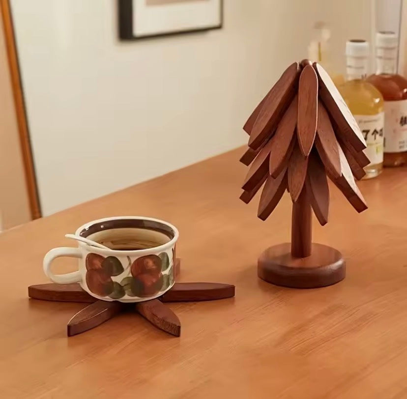 Expandable Tree Shape Pot Stand, Tree Design Wooden Trivet,     Foldable Wooden Heating Pad,     Heat Resistant Wooden Pot Stand,     Blossom Wooden Trivet