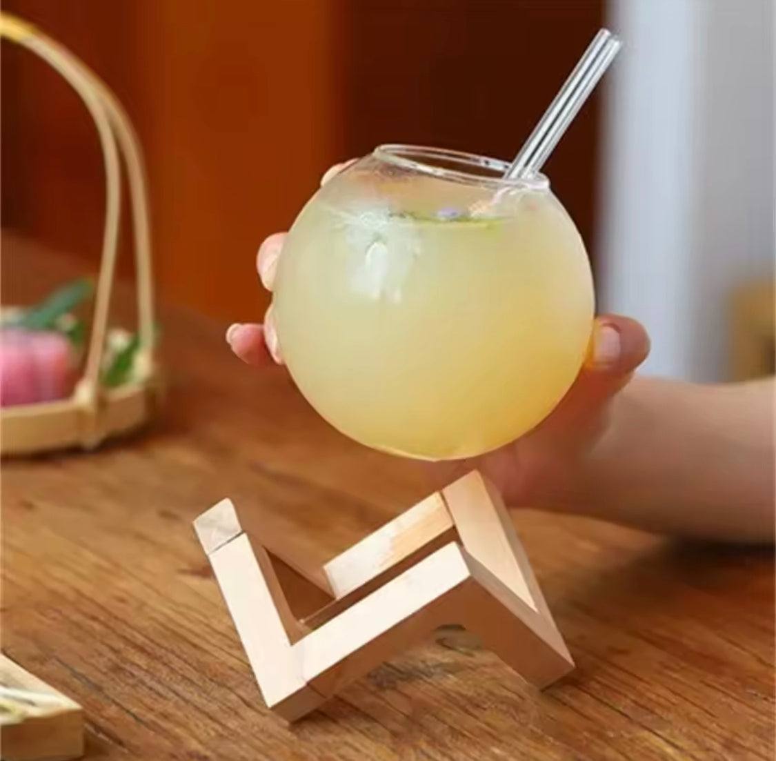 Round Unique Design Ball Shape Glass Cup, Crystal Round Ball Beverage Cup With Wooden Stand, Unique Shape Glass Straw Cup