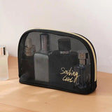 Black Mesh Cosmetic Bag, Transparent Travel Zipper Pouch, Women Beauty Case, Smiling Girl Cosmetic Bag, Travel Storage Bag,  Toiletry Bags Makeup Pouch, Fashion Makeup Small Pouch For Women, Multifunctional Large Capacity Toiletry Hand Bag
