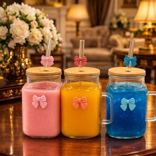 Cute Bow Square Glass Cup with Handle, Bamboo Lid & Glass Straw