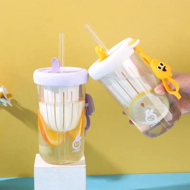 Funny Filter Straw Cup, 500ml Water Glasses With Fruit Tea Isolator Cup, Portable Tea Separation Cold Extract Water Cup