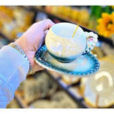 Luxury Pearl Handle Tea Cup, Ceramic Iridescent Mug With Heart Shaped Saucer, 1Pc Home Exquisite Coffee Cup With Saucer
