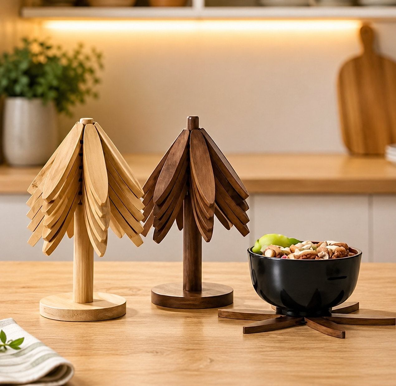 Expandable Tree Shape Pot Stand, Tree Design Wooden Trivet,     Foldable Wooden Heating Pad,     Heat Resistant Wooden Pot Stand,     Blossom Wooden Trivet