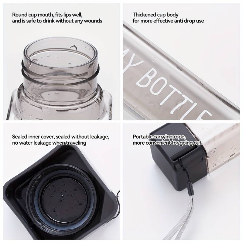 Simple Square Water Bottle, 500ml Plastic Water Cup, Transparent My Bottle With Hanging Rope, Large Mouth Water Cup With Lifting Rope And Lid