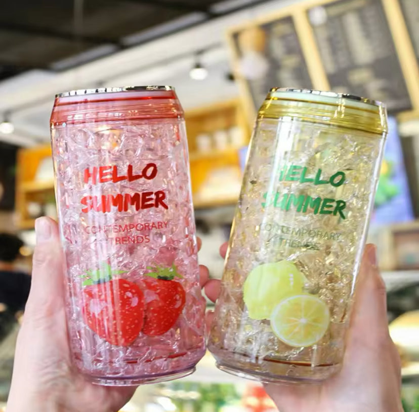 Hello Summer Water Bottle, Double Straw Cold Drink Cup, Creative Milk Box Style Water Bottle, Outdoor Thermos Cup, Summer Glass Drinking Water Bottle