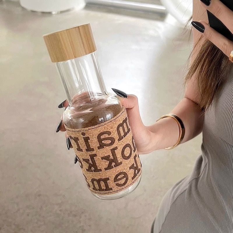 Leather Sticker Water Bottle, Marimekko Oiva Drinking Bottle, 450ml Retro Glass High-value Coffee Bottle, High Temperature Resistant Portable Water Glass Bottle