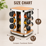 Stainless Steel Rotating Spice Rack with Wooden Top, Rotating Spice Carousel with Glass Jars, Multipurpose Seasoning Rack Organizer, Elegant Wooden Touch Spice Rack Set