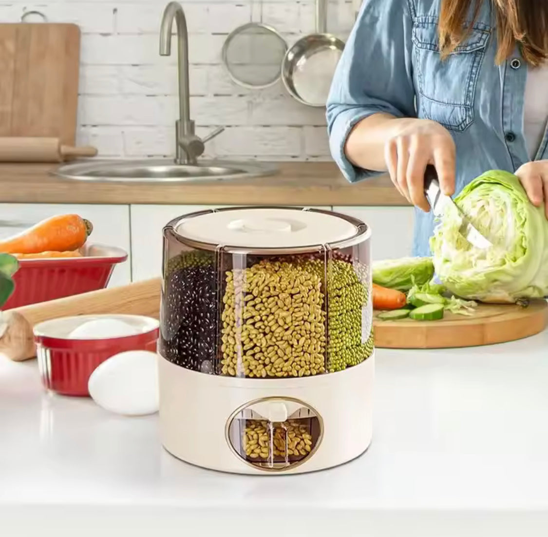 6 Grid Food Grain Storage Container, Kitchen Storage Bucket, 6 Grid Rice Dispenser, Rotating Cereal Container