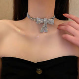 Shiny Crystal Bowknot Necklace, Long Tassel Rhinestone Necklaces, Luxurious Bowknot Pendant Necklace, Sparking Crystal Pave Bowknot Pendant, 3D Bowknot Pendant Necklace Jewellery