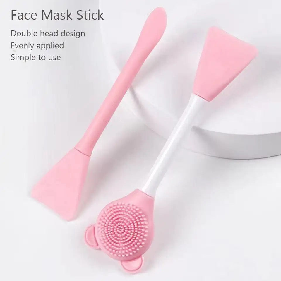 Bear Double Head Face Brush, Silicone Mud Film Facial Brush, Multifunctional Long Handle Silicone Applicator Women, Face Mask Cream Sticks Brush, Facial Mask Applicator, Makeup Removal Scrubber,  Portable Salon Spa Facial Cleansing Brush