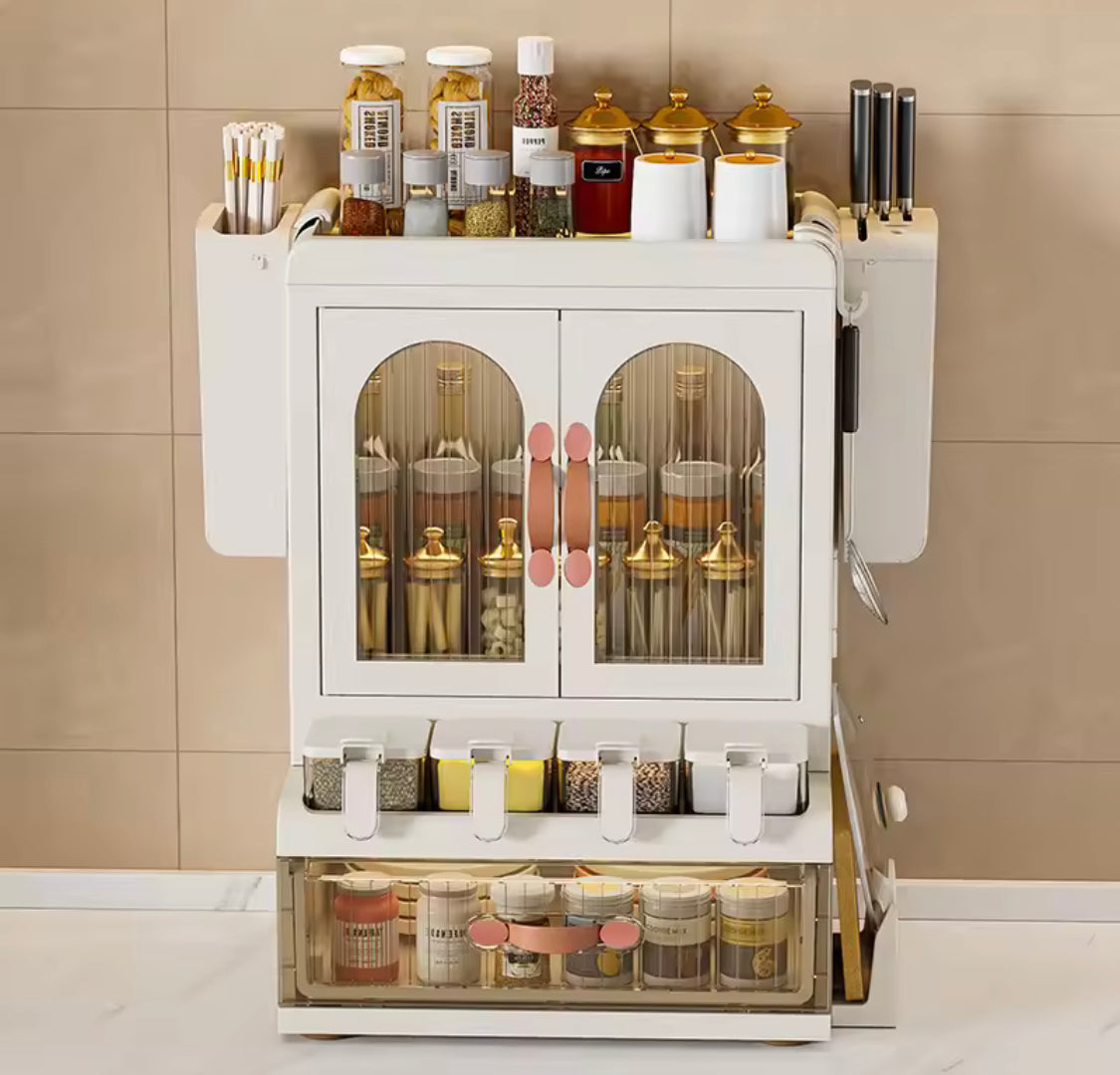 Multifunctional Arched Door Kitchen Organizer with Drawer, Dual Door Kitchen Seasoning Spice Organizer, Kitchen Spice Rack Organizer with Knife Holder & Storage Cabinet, Knife Holder