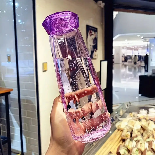 Diamond Water Bottle, Crystal Glass Cup With Lid, 420ml Transparent Bottle With Cover, Portable Exquisite Geometric Summer Bottle, Drinkware Multifunctional Outdoor Sports Glass Cup, Simple Portable Leakproof Bottles