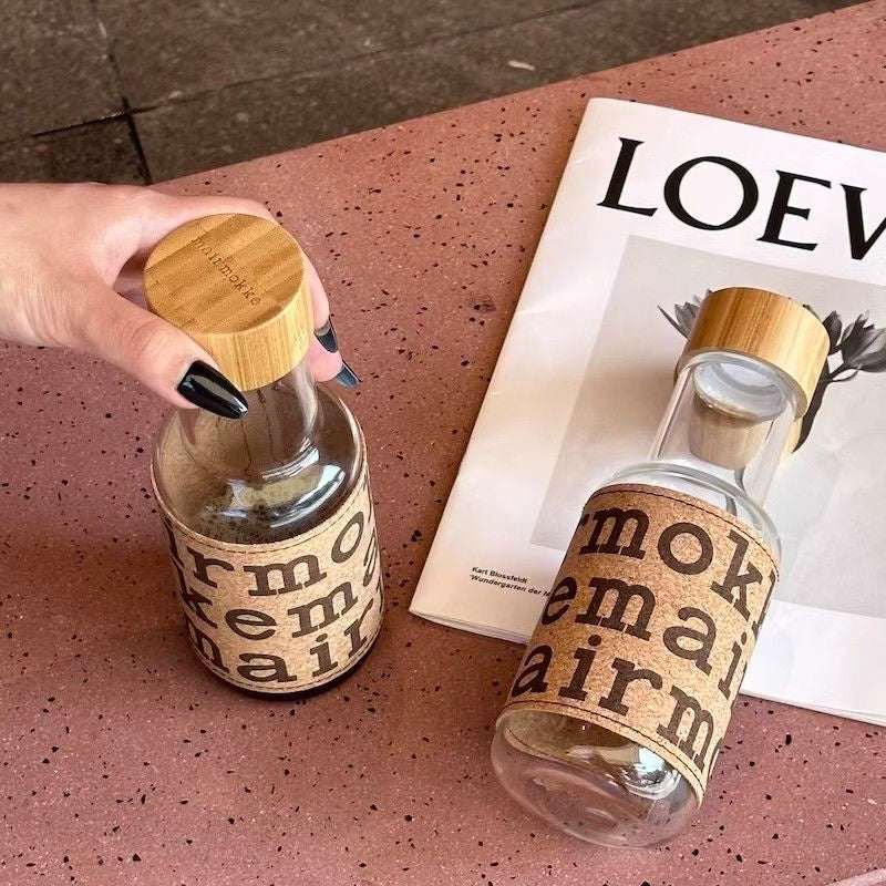 Leather Sticker Water Bottle, Marimekko Oiva Drinking Bottle, 450ml Retro Glass High-value Coffee Bottle, High Temperature Resistant Portable Water Glass Bottle