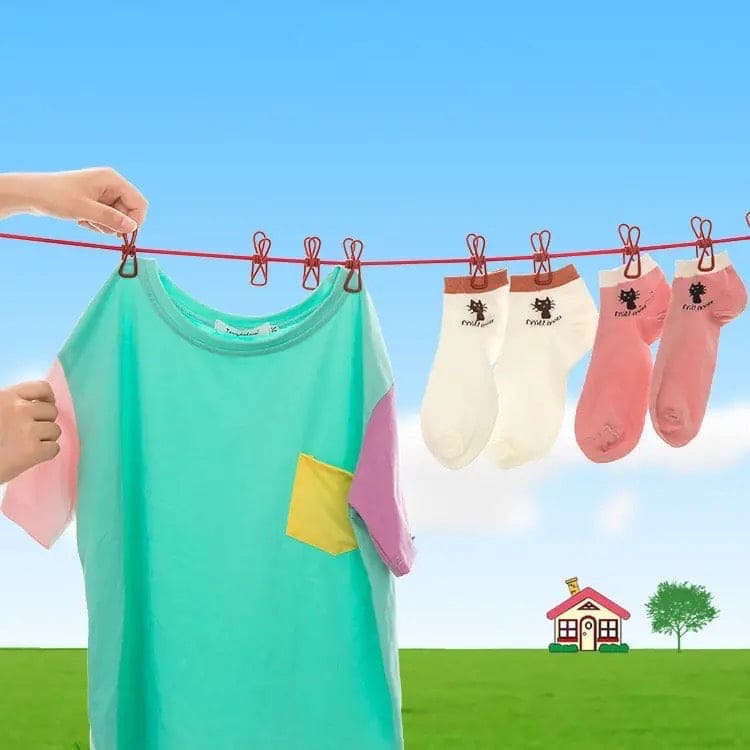 12 Clips Elastic Laundry Rope, Portable Multifunctional Drying Clips, Garden Windproof Clothesline With Clips, Portable Stretchable Line, Traveling Hanger Elastic Rope, Adjustable Laundry Clothesline, Windproof Stretch Drying Rack
