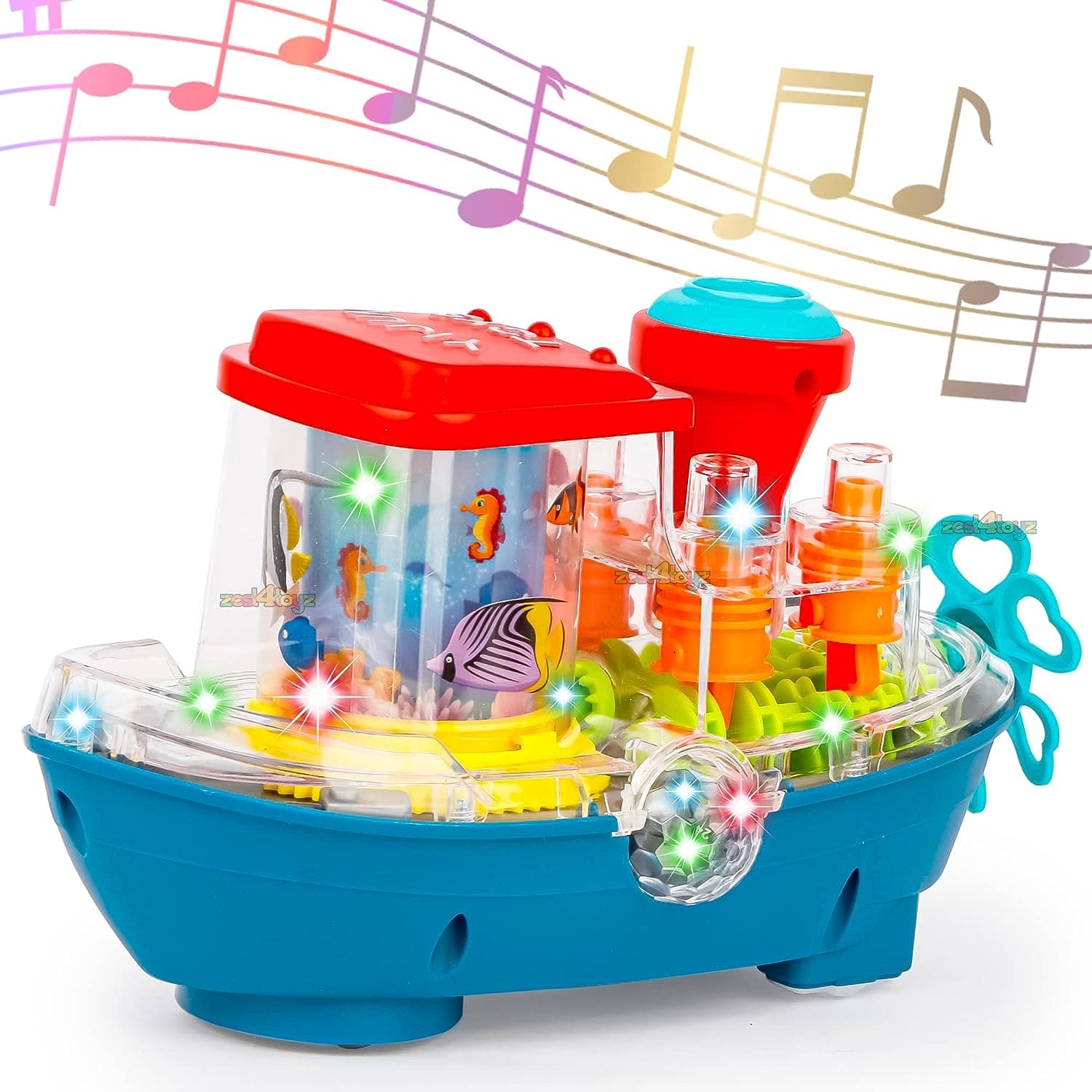 Gear Land Ship, Musical Toy Boat with Colorful Light, Transparent Rotatable Concept Boat, Underwater World Cruise Ship Toy For Kid, Battery Operated Toy Boat with Rotating Fishing Lamp Toy, Children's Toy Boat