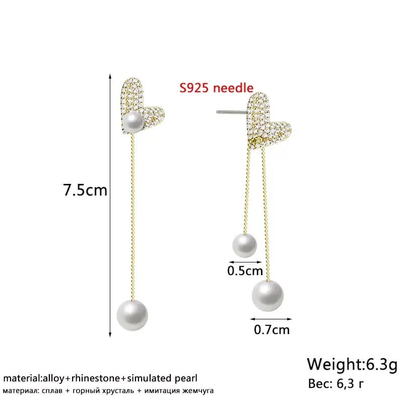 Flexible Heart Top Crystal Earrings, Hollow Heart Drop Earrings, Adjustable Pearl Tassel Ear Jewellery, Luxury Long Simulation Pearl Earrings For Women