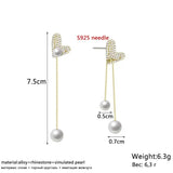 Flexible Heart Top Crystal Earrings, Hollow Heart Drop Earrings, Adjustable Pearl Tassel Ear Jewellery, Luxury Long Simulation Pearl Earrings For Women