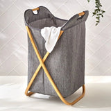 Bamboo Frame Foldable Laundry Basket, Wooden Handel Laundry Hamper, Lightweight Bathroom Laundry Basket