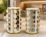 Marble Finish Spice Jar Stand, Modern Rotating Seasoning Organizer, Gold Marble Spice Storage Tower