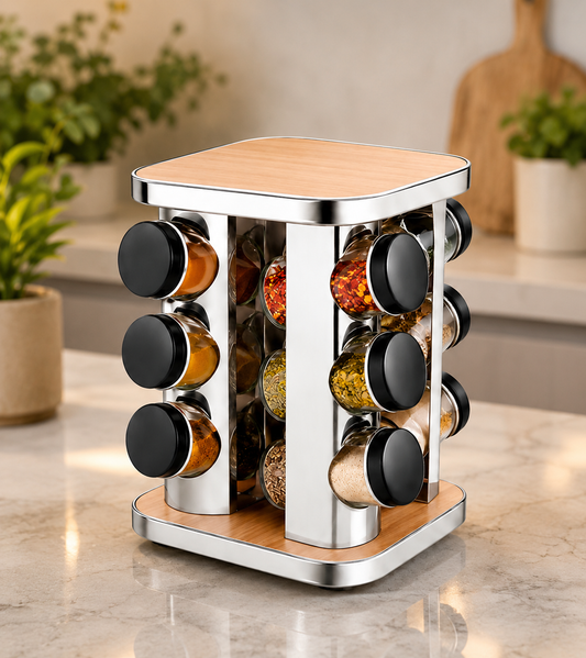 Stainless Steel Rotating Spice Rack with Wooden Top, Rotating Spice Carousel with Glass Jars, Multipurpose Seasoning Rack Organizer, Elegant Wooden Touch Spice Rack Set