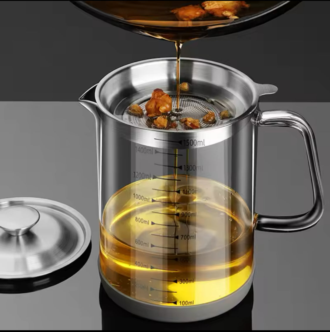Transparent Glass Oil Filter Jar With Scale, Filter Oil Storage Tank, Oil Filter Pot, Filter Oil Pot With Stainless Steel Fry Strainer, Oil Container Jar, Glass Oil Kettle