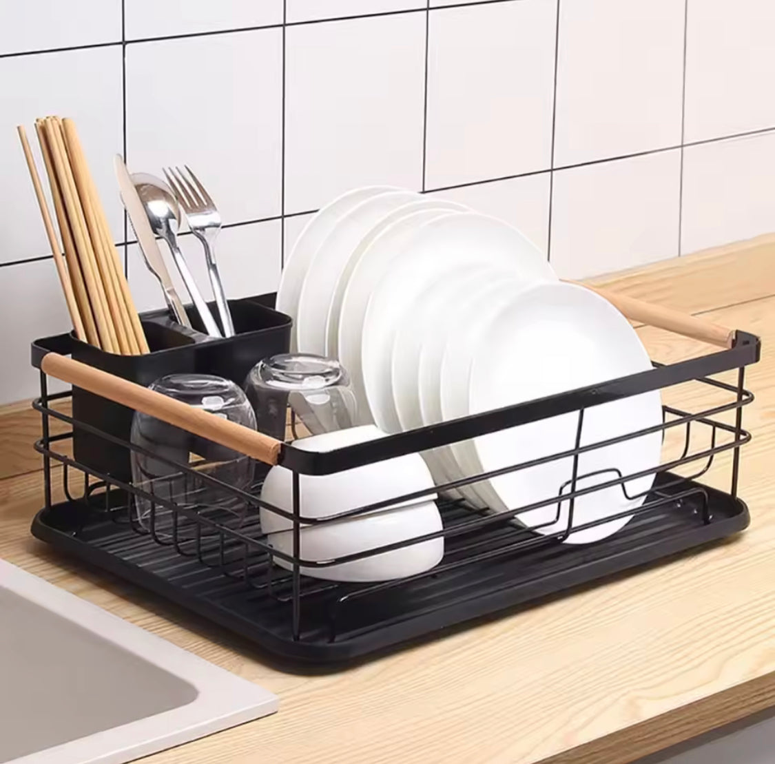 Stainless Steel Kitchen Dish  Storage Rack, Wooden Handle Dish Storage Holder, Chopsticks And Utensils Holder