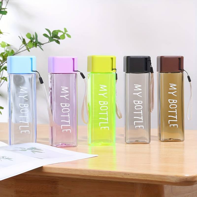 Simple Square Water Bottle, 500ml Plastic Water Cup, Transparent My Bottle With Hanging Rope, Large Mouth Water Cup With Lifting Rope And Lid