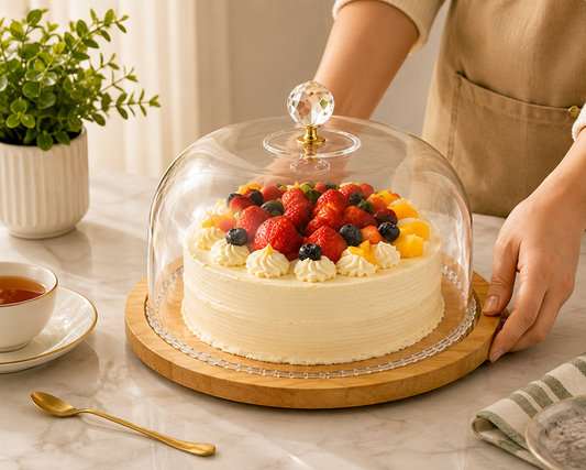 Transparent Cake Display Dome with Wooden Stand, Round Glass Food Display Cover, Decorative Glass Cloche, Food Display Cloche with Wooden Serving Tray