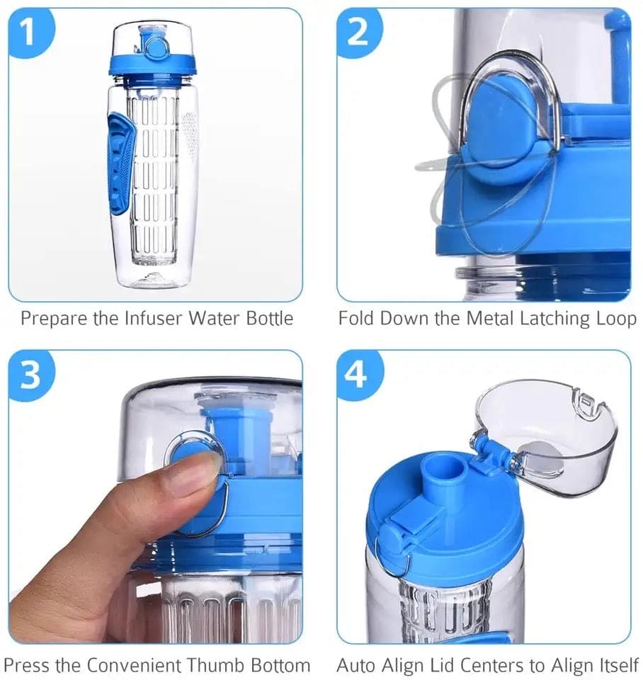 Aqua Time Infuser Water Bottle, 1L Time Tracker Bottle With Cleaning Brush, Acrylic Detox Sports Water Bottle, Triton Sports Bottle with Flip Top Lid, Fruity infusing Water Bottles for Women & Men -
