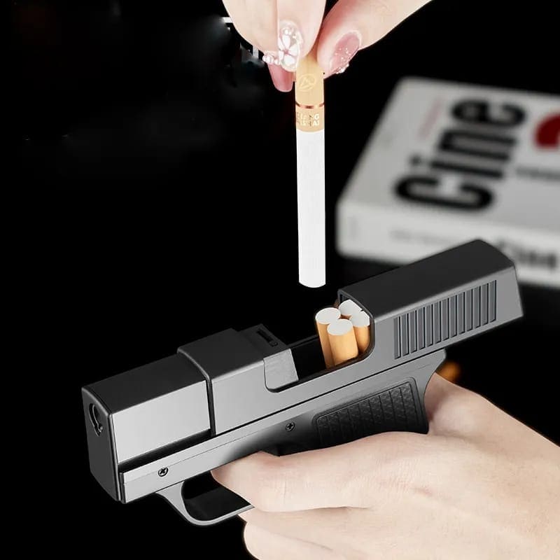 AMT Pistol Lighter, 10Pcs Regular Cigarette Case with Lighter, Metal Turbo Gun Lighter, Windproof Cigar Lighter, Inflatable Lighter With Cigarette Case, Cigarette Storage Jet Flame Lighter