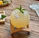Round Unique Design Ball Shape Glass Cup, Crystal Round Ball Beverage Cup With Wooden Stand, Unique Shape Glass Straw Cup