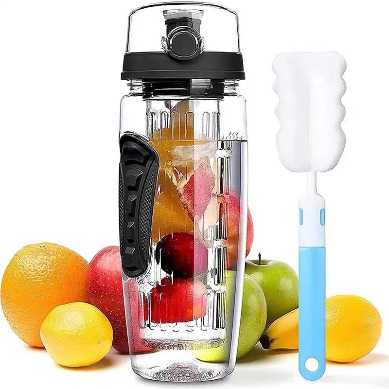 Aqua Time Infuser Water Bottle, 1L Time Tracker Bottle With Cleaning Brush, Acrylic Detox Sports Water Bottle, Triton Sports Bottle with Flip Top Lid, Fruity infusing Water Bottles for Women & Men -