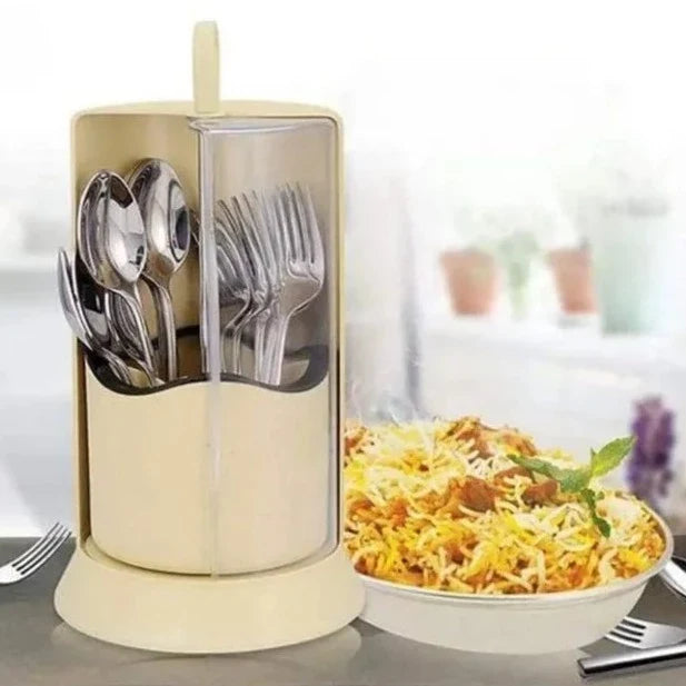 Covered Cutlery Holder, Rotating Cutlery Box With Transparent Cover, 4 Compartment Cutlery Holder, Multifunctional Fork Chopsticks Storage Stand,  Standing Plastic Storage Container, Kitchen Cutlery Organizer
