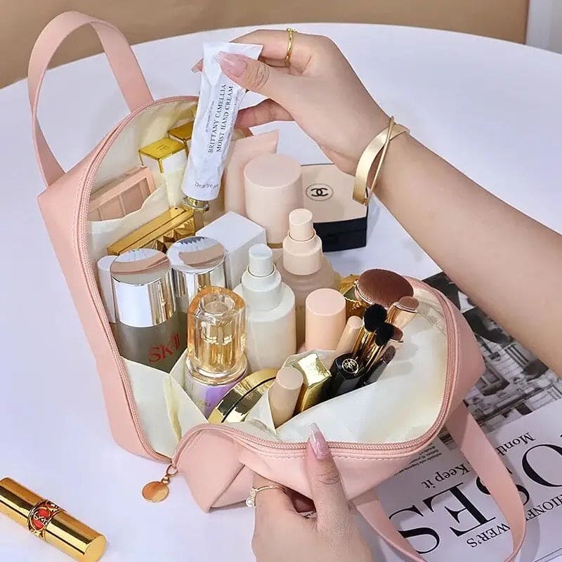 Shell Shape Cosmetic Bag, Large Capacity Handheld Cosmetic Bag, Multiple Compartments PU Travel Pouch, Waterproof Wash Kit Handbag, Fashionable Makeup Organizer with Handle, Stylish Double Zipper Travel Bag