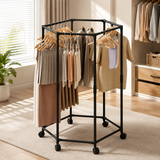 360° Rotating Metal Clothes Stand Rack With Wheels, Multi Purpose Garment Organizer, Rolling Clothes Hanging Rack, Portable Clothes Storage Rack, Space Saving Rolling Clothes Rack