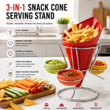 3 In 1 Snack Cone And Dip Serving Stand, French Fry Cone Serving Set With Dip Bowls, Premium Snack Serving Holder With Dip Cups, Tabletop Snack Cone Display Stand