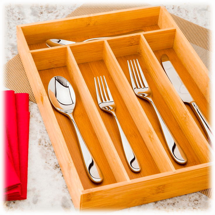 5 Compartment Bamboo Cutlery Tray, Kitchen Drawer Utensils Holder, Wooden Knife Fork Spoon Organizer Case, Bulk Bamboo Cutlery Tray, Drawer Multi Compartment Flatware Tray